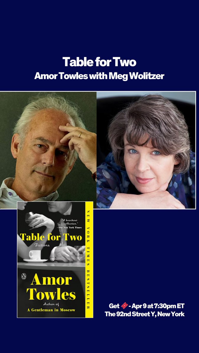 amor towles (@amortowles) on Twitter photo Hey, New York. I'll be speaking about TABLE FOR TWO and my work in general with the lovely <a href="/MegWolitzer/">Meg Wolitzer</a> at the <a href="/92ndStreetY/">The 92nd Street Y, New York</a> on April 9. Come join us!
92ny.org/event/amor-tow… Hey, New York. I'll be speaking about TABLE FOR TWO and my work in general with the lovely <a href="/MegWolitzer/">Meg Wolitzer</a> at the <a href="/92ndStreetY/">The 92nd Street Y, New York</a> on April 9. Come join us!
92ny.org/event/amor-tow…