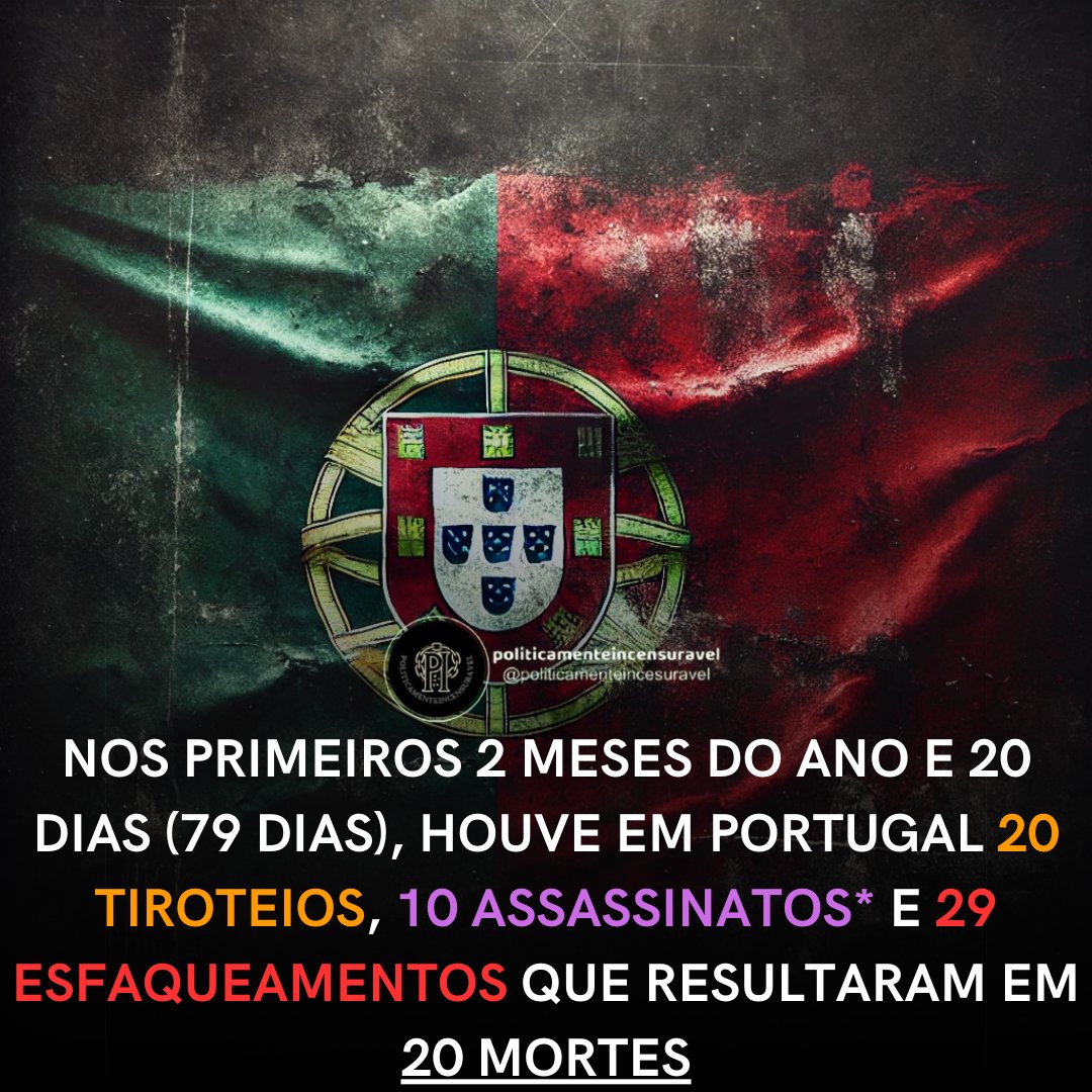 P_Incensuravel's tweet photo. Nos primeiros 79 dias do anos, houve em Portugal, 20 Tiroteios, 10 assassinatos e 29 esfaqueamentos, que resultaram em 20 mortes. https://t.co/80cWryk7lL