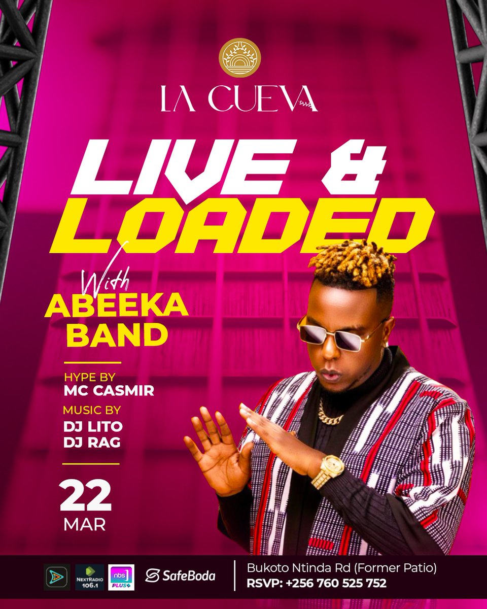 lacuevakla's tweet photo. Saturday nights just got LOUDER!
Join Abeeka at La Cueva for Live & Loaded - the ultimate music experience!
Don't miss out!
#LiveAndLoaded #Abeeka #kampala #saturday
#LaCuevaSaturdays https://t.co/ip7OlucOKc