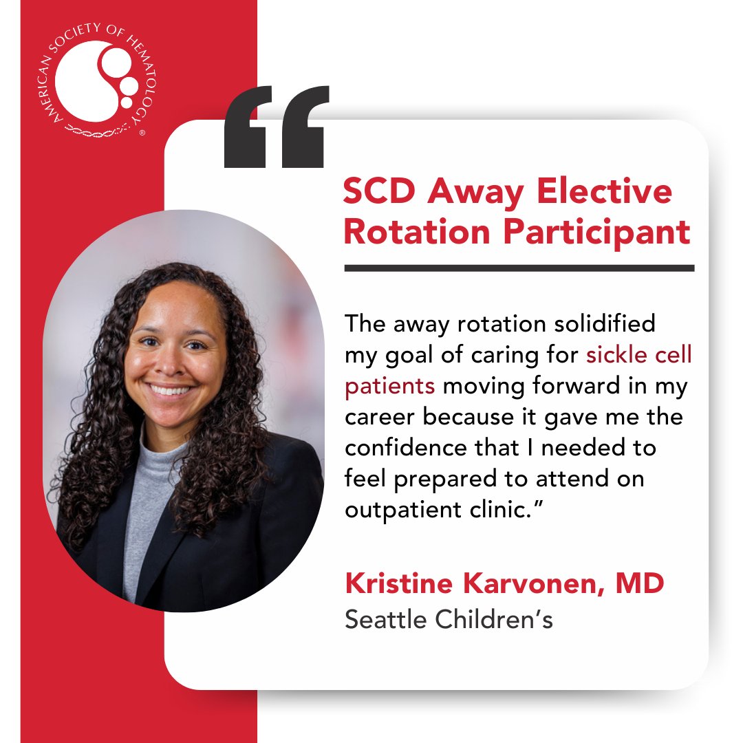 ASH_hematology's tweet photo. How does the ASH SCD Away Elective make an impact? Hear from a past participant!  

This one-month immersive rotation offers hands-on #SickleCellDisease training in both inpatient &amp; outpatient care.  

Apply now: https://t.co/TmYpyn3UFW  

#hematology #SickleCell #SCD #MedTwitter https://t.co/eFDJKjtZ0V