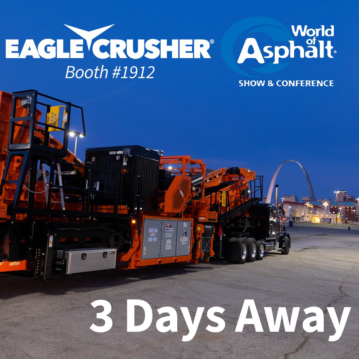EagleCrusherCo's tweet photo. 3 more days until @worldofasphalt in St. Louis! Eagle is here and ready to rock n roll.
#worldofasphalt #worldosaphaltagg1 #agg1 https://t.co/wkGXJlRGhb