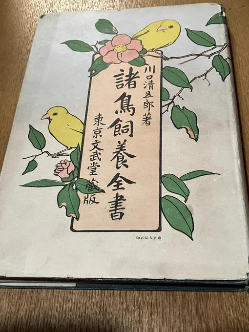 #春の古本まつり
に行って、偶然この「諸鳥飼養全書」明治36年発行の本に一誠堂さんで出会ってお迎えしてきてしまいました。表紙からかわいいのですが、文鳥さんの項目が詳しくて長かったので…! 