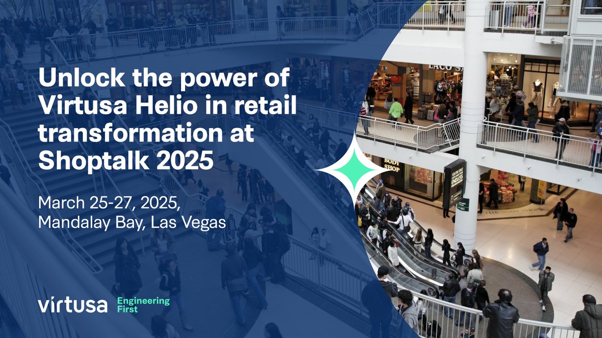 VirtusaCorp's tweet photo. Revolutionize retail with #VirtusaHelio at #Shoptalk2025. Our #genAI-powered solutions enhance software development, modernize legacy systems &amp; optimize operations. Discover #innovation with us. Schedule a meeting now: https://t.co/pY3scJURO8 #EngineeringFirst https://t.co/GsfjfXPAW5
