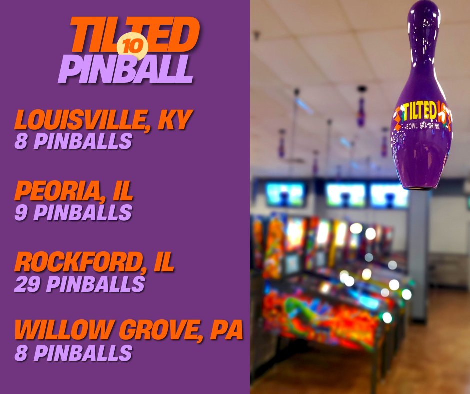 Tilted10US's tweet photo. 🎉 Pinball Madness at Tilted 10! 🎉
Did you know that every Tilted 10 location is packed with pinball action?
🔹 Louisville, KY — 8 Pinball Machines
🔹 Peoria, IL — 9 Pinball Machines
🔹 Rockford, IL — 29 Pinball Machines
🔹 Willow Grove, PA — 8 Pinball Machines https://t.co/UbfQSHsAv4