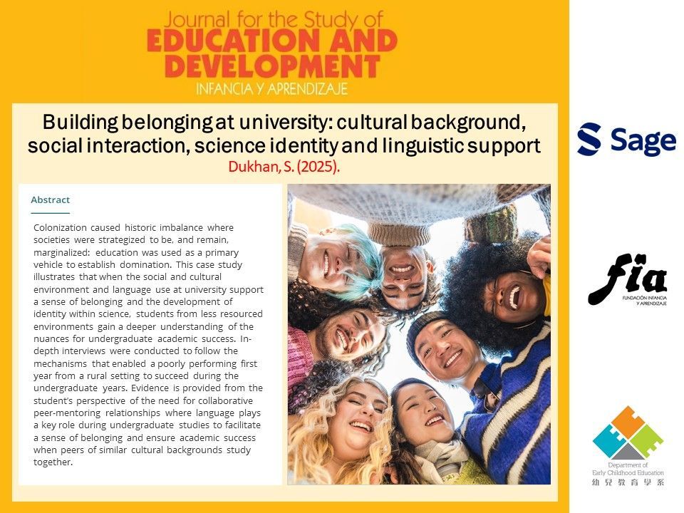 jsed_infancia's tweet photo. "Building belonging at university: cultural background, social interaction, science identity and linguistic supportโ
https://t.co/3B38bWxxpm
By Shalini Dukhan
#education #development #research #culturalbackground #Englishadditionallanguage #senseofbelonging #socialinteraction https://t.co/QL1qIcul1e