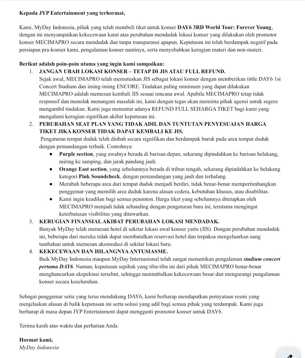 MYDAY, mari berserikat! 🚨

Kami dari gabungan paguyuban lines umur, ikut berpartisipasi untuk approach ke pihak agensi, berikut kami attached templates yang bisa dipakai untuk mass email ke jyp fan@jype.com cc: concert@jype.com info@jype.com

[ENG] docs.google.com/document/u/0/d…
[IND]