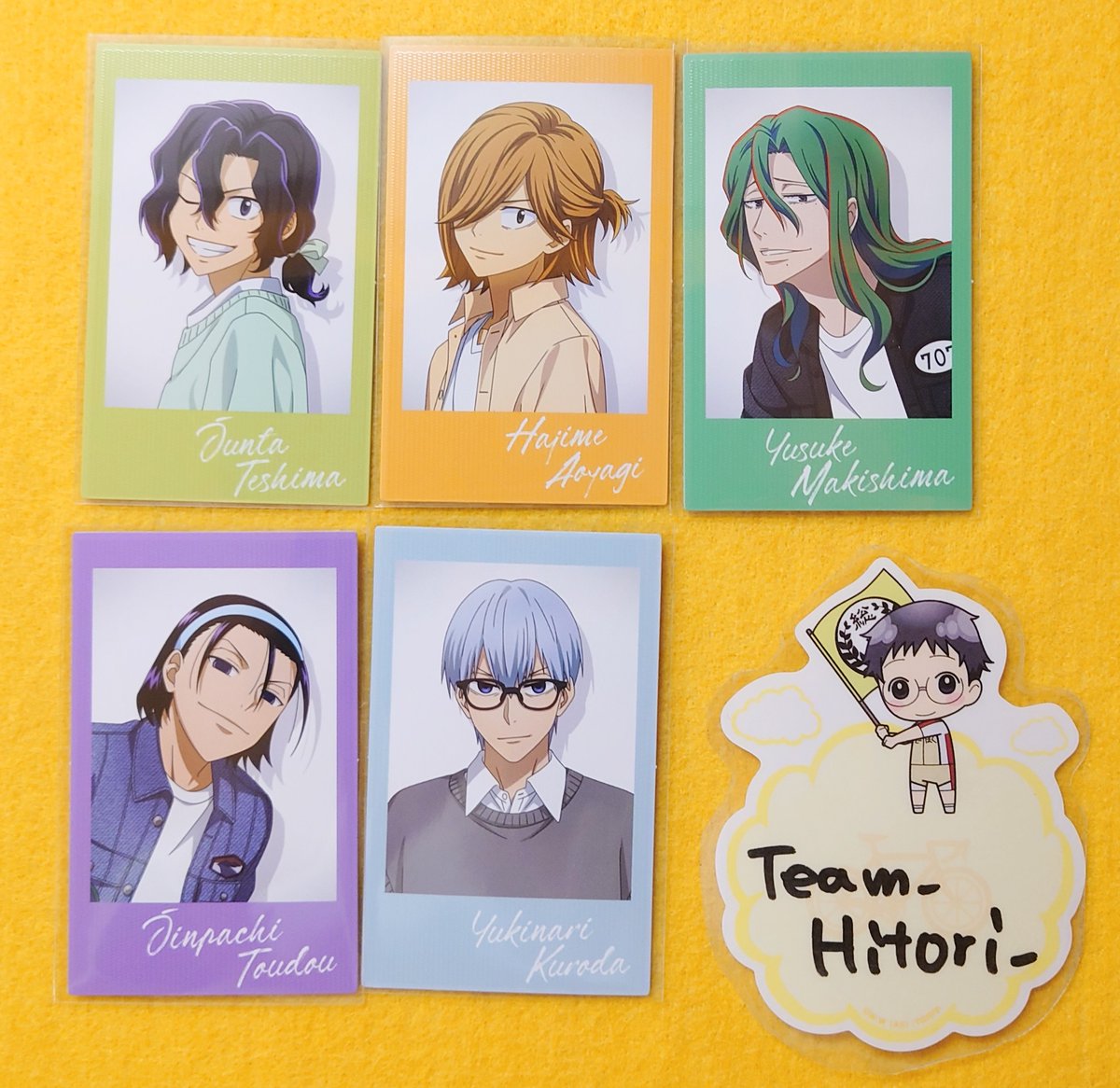 Team_Hitori_'s tweet image. 【交換】弱虫ペダル AJ 中外 ポラショ
譲→手嶋、青八木、巻島、東堂、黒田
求→小野田
郵送にてお取引頂ける方いらっしゃいましたらよろしくお願いいたします。