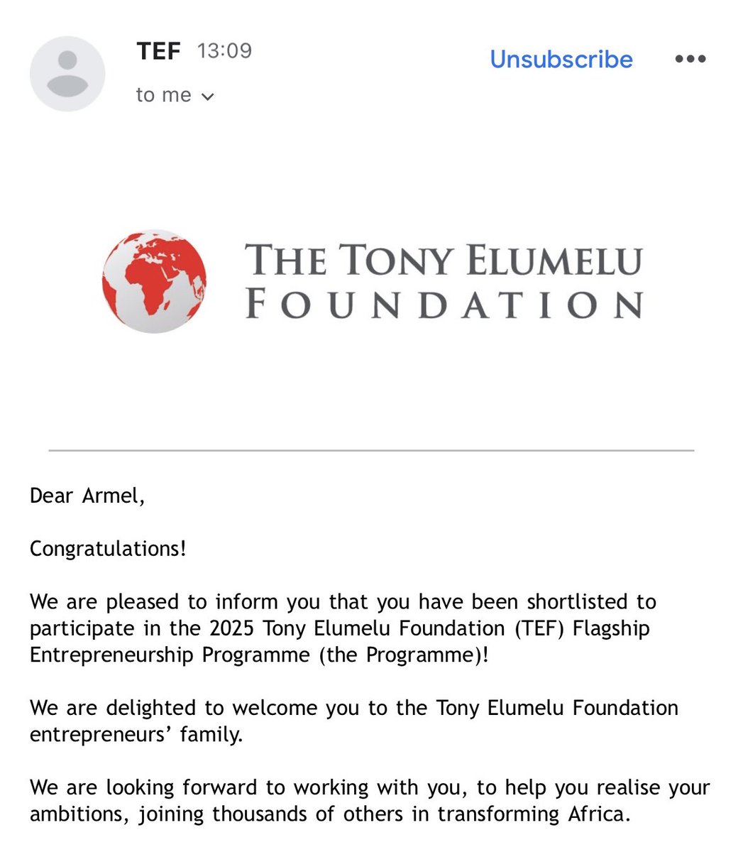 Armel sylva 🇰🇲 (@sylvaarmel) on Twitter photo I’m thrilled to share that I’ve been shortlisted for the Tony Elumelu Entrepreneurship Program ! This is a fantastic opportunity to learn, grow, and connect with fellow entrepreneurs in Africa and beyond.
<a href="/TonyElumeluFDN/">The Tony Elumelu Foundation</a>
#TonyElumelu #Entrepreneurship I’m thrilled to share that I’ve been shortlisted for the Tony Elumelu Entrepreneurship Program ! This is a fantastic opportunity to learn, grow, and connect with fellow entrepreneurs in Africa and beyond.
<a href="/TonyElumeluFDN/">The Tony Elumelu Foundation</a>
#TonyElumelu #Entrepreneurship