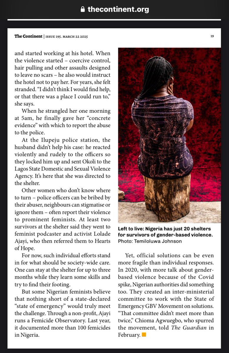 Rahma Jimoh (@dynamicrahma) on Twitter photo Nigeria, where nearly 113-million women and girls live, has just 20 shelters for survivors of gender-based violence. The Netherlands, with a female population of about 20 million, has 5,000.
For <a href="/thecontinent_/">The Continent</a>, I wrote about the <a href="/HeartsNigeria/">Hearts of Hope Shelter Nigeria</a> shelter founded by <a href="/bettyabah/">Betty Abah #EndBadGovernanceInNigeria</a>. Nigeria, where nearly 113-million women and girls live, has just 20 shelters for survivors of gender-based violence. The Netherlands, with a female population of about 20 million, has 5,000.
For <a href="/thecontinent_/">The Continent</a>, I wrote about the <a href="/HeartsNigeria/">Hearts of Hope Shelter Nigeria</a> shelter founded by <a href="/bettyabah/">Betty Abah #EndBadGovernanceInNigeria</a>.