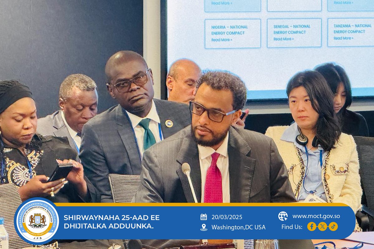MoCTSomalia's tweet photo. H.E.@DirieMP, State Minister @MoCTSomalia, participated in the 25th Global Digital Summit in Washington, DC. He joined key discussions on digital transformation,the Energy-Digital Nexus, and met with the World Bank to strengthen collaboration on digital integration in EastAfrica. https://t.co/krOVIQqxIx