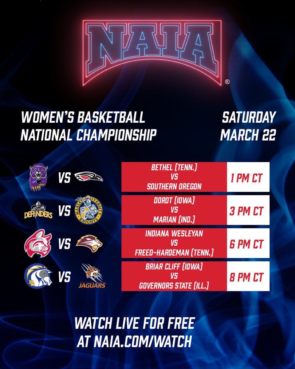 NAIA (@naia) on Twitter photo W🏀
More #NAIAWBB coming your way!
Quarterfinals start at 1 p.m. CT with <a href="/BUWildcats/">Bethel Athletics</a> & <a href="/SOURaiders/">Southern Oregon Raiders</a>
Who do you have advancing to the semifinals?
Game links --> naiastats.prestosports.com/sports/wbkb/20…
#collegebasketball #BattleForTheRedBanner <a href="/CCACSports/">CCAC</a> <a href="/WBCA1981/">Women’s Basketball Coaches Association</a> W🏀
More #NAIAWBB coming your way!
Quarterfinals start at 1 p.m. CT with <a href="/BUWildcats/">Bethel Athletics</a> & <a href="/SOURaiders/">Southern Oregon Raiders</a>
Who do you have advancing to the semifinals?
Game links --> naiastats.prestosports.com/sports/wbkb/20…
#collegebasketball #BattleForTheRedBanner <a href="/CCACSports/">CCAC</a> <a href="/WBCA1981/">Women’s Basketball Coaches Association</a>