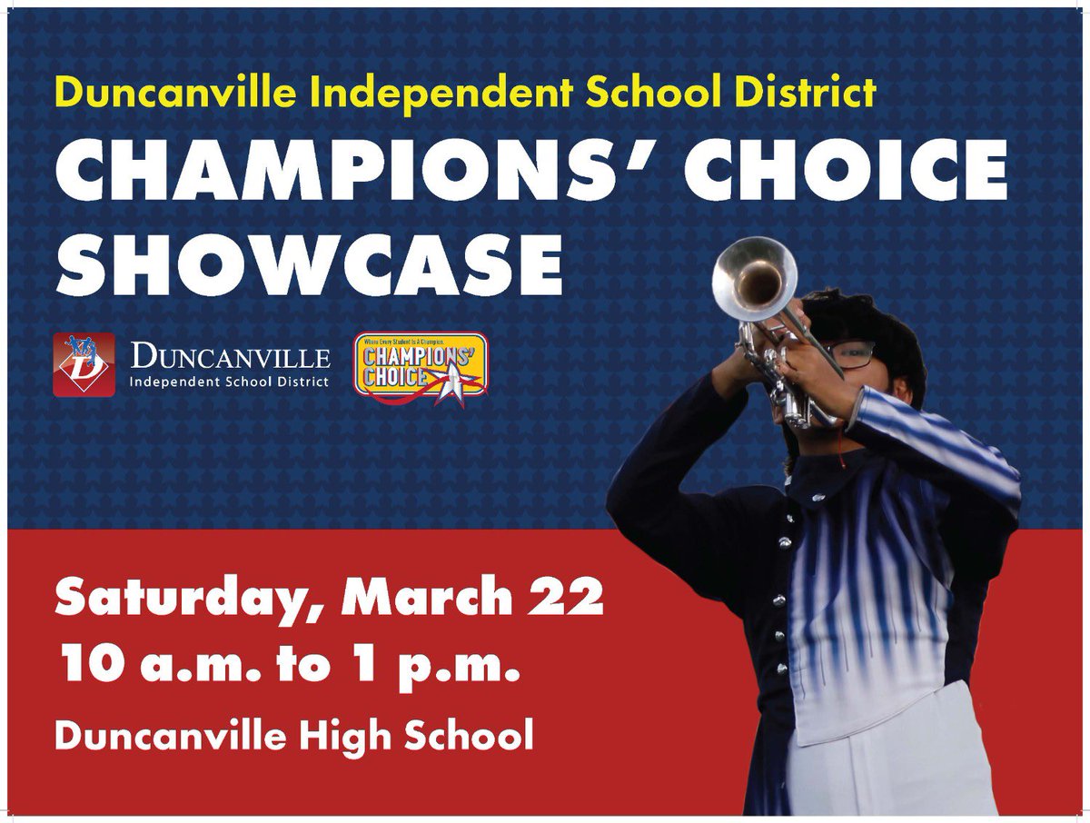 Don’t forget parents, the  Champions’ Choice event is today. We hope to see you at Duncanville High School today from 10 AM to 1 PM. There will be a free petting zoo, food trucks, and meet-and-greets with teachers and coaches. Don’t miss out!
