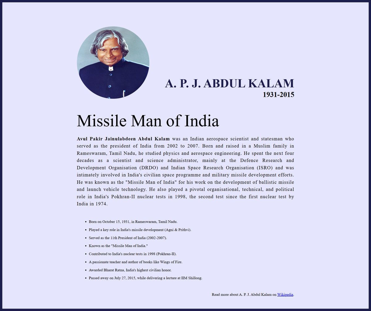 javadeveloper99's tweet image. 🚀 Built a Tribute Website for Dr. APJ Abdul Kalam using HTML &amp;amp; CSS!

Check it out here: github.com/javadeveloper9…

#WebDevelopment #TributeWebsite #APJAbdulKalam #HTML #CSS #Frontend