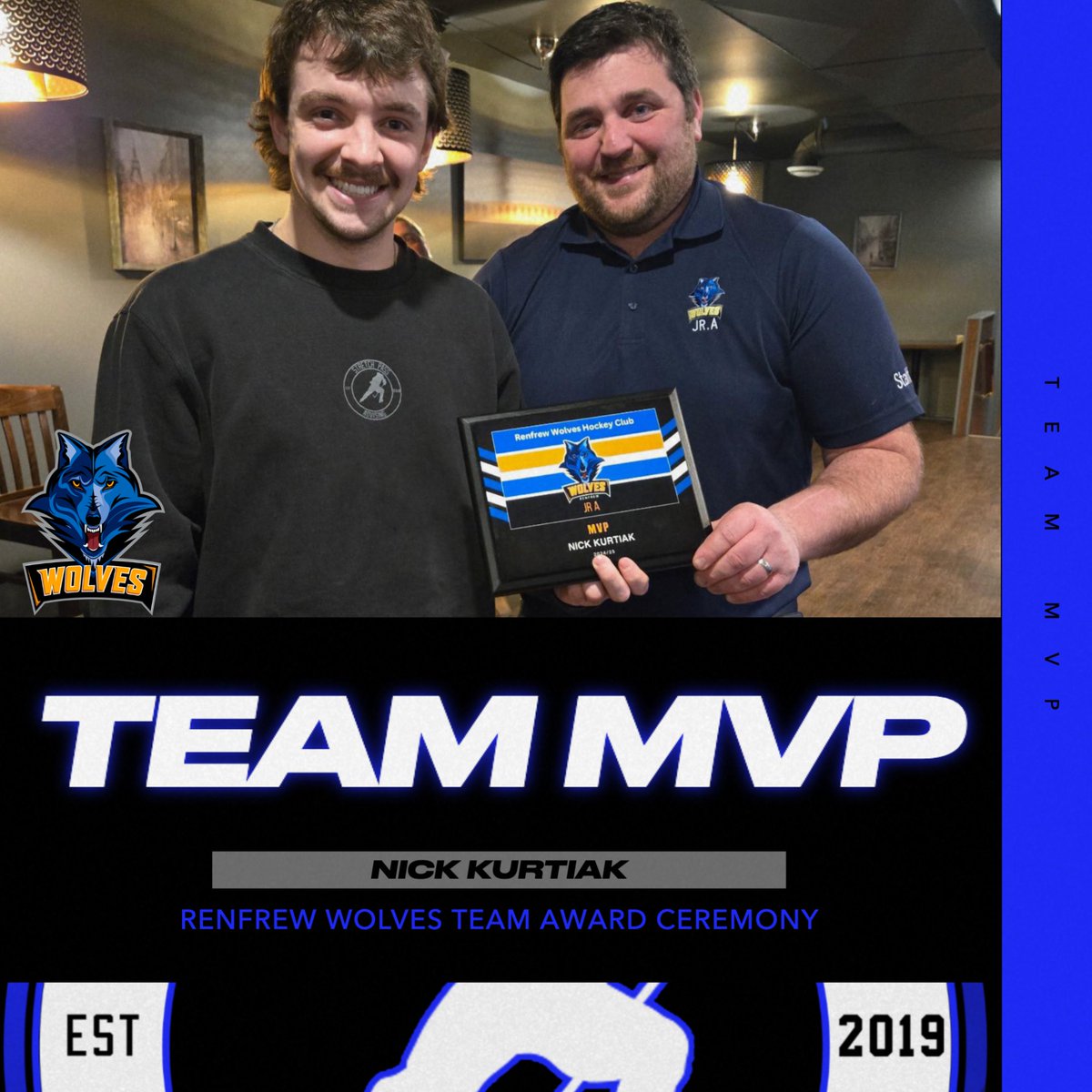 SPAdvising's tweet photo. CONGRATS to #TeamSPA goaltender @KurtiakNicholas on being awarded the Goaltender Award AND Team MVP this year for the @RenfrewWolves at their banquet! Tremendous accomplishment, Nick, we're very proud! #SPAFamily (pictures courtesy the Renfrew Wolves facebook) https://t.co/LLOjU8EbRQ