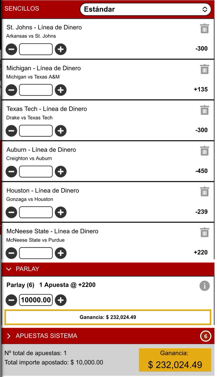 Round of 32 ML Parlay +2200

McNeese St
St John’s
Michigan 
Texas Tech
Auburn 
Houston

Do you want my exclusive plays for today? 

$9 bucks and you’re in!

$15 bucks and you get today and tomorrow! 

Let me show you how to do this shit!
