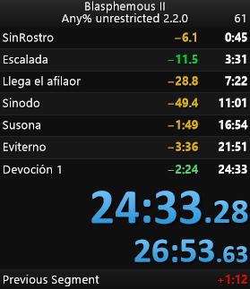 No lo puse aquí, pero he bajado de 25 minutos en blasphemias.

El video está en youtube si queréis ver la run:

youtube.com/watch?v=B5NGVL…