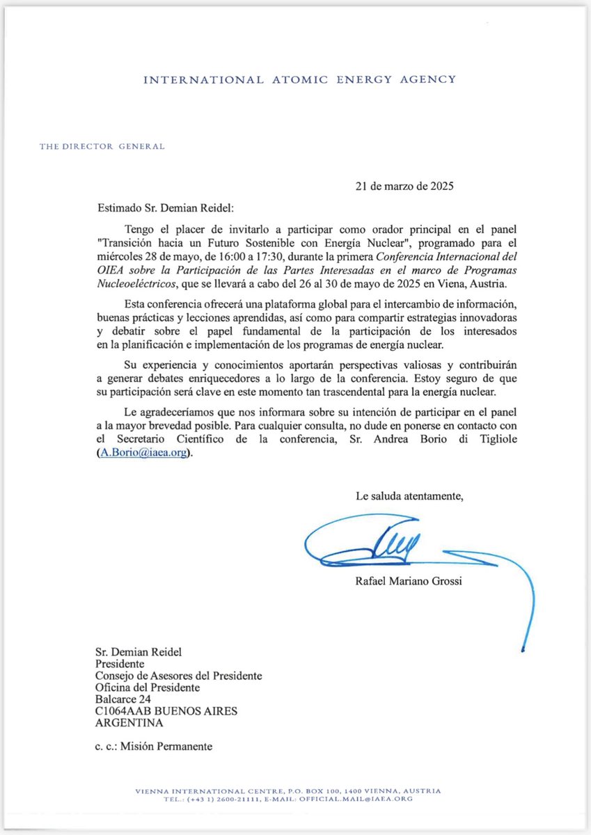 dreidel1's tweet photo. Me honra haber sido invitado como orador principal en la Conferencia del OIEA en Viena para debatir el futuro de la energía nuclear. 
Voy a presentar el Plan Nuclear Argentino a la comunidad nuclear internacional. 

Nos vemos en Viena @rafaelmgrossi 

El futuro es nuclear https://t.co/cHJVBxpcOo