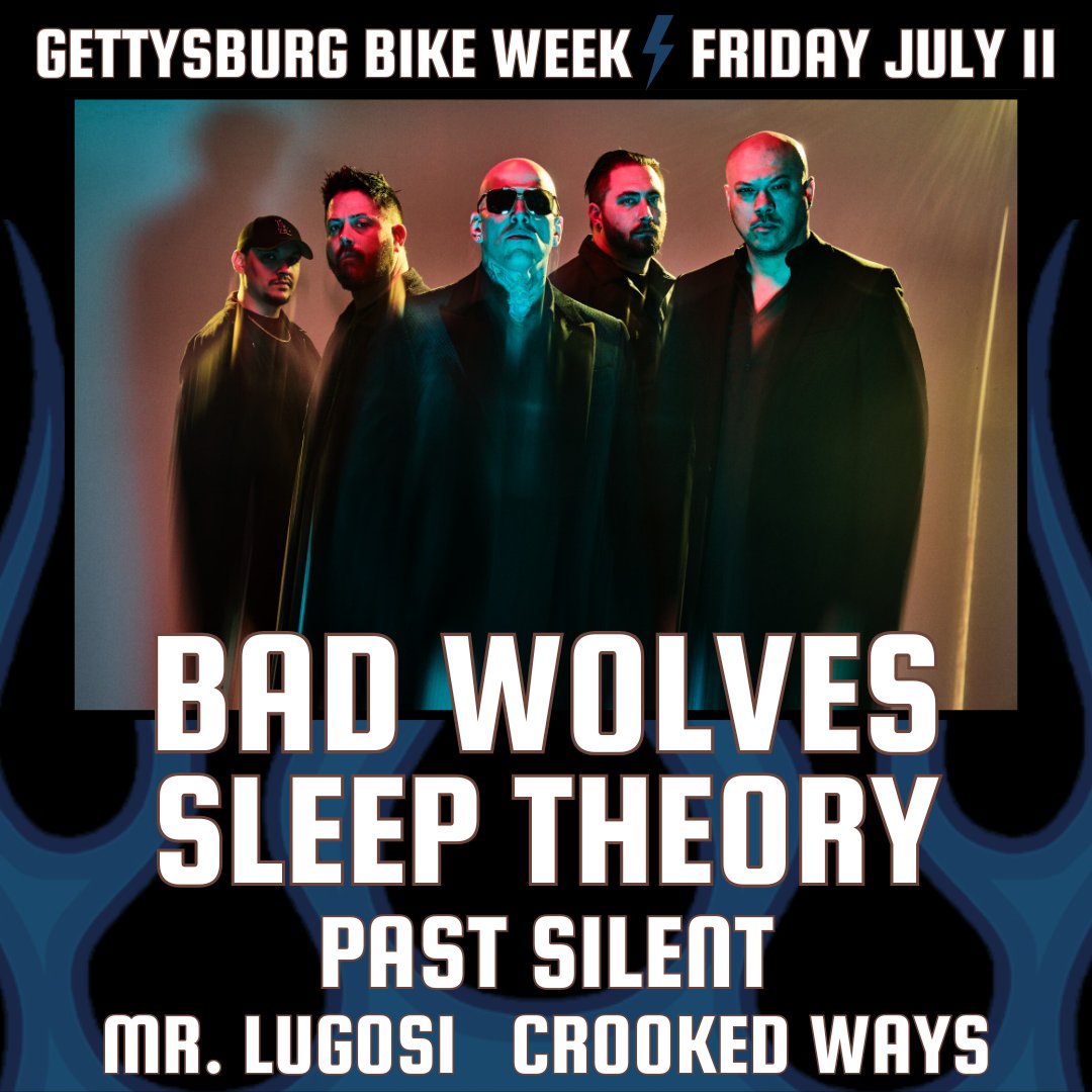 Daily lineups are out for Gettysburg Bike Week and we could not be more stoked to be opening for <a href="/badwolves/">Bad Wolves</a>, <a href="/SleepTheoryBand/">Sleep Theory</a>, and more 🤘

Note that our performance day is now on FRIDAY, 7/11, and not 7/12.

Can't wait to see everyone there 🤘😈