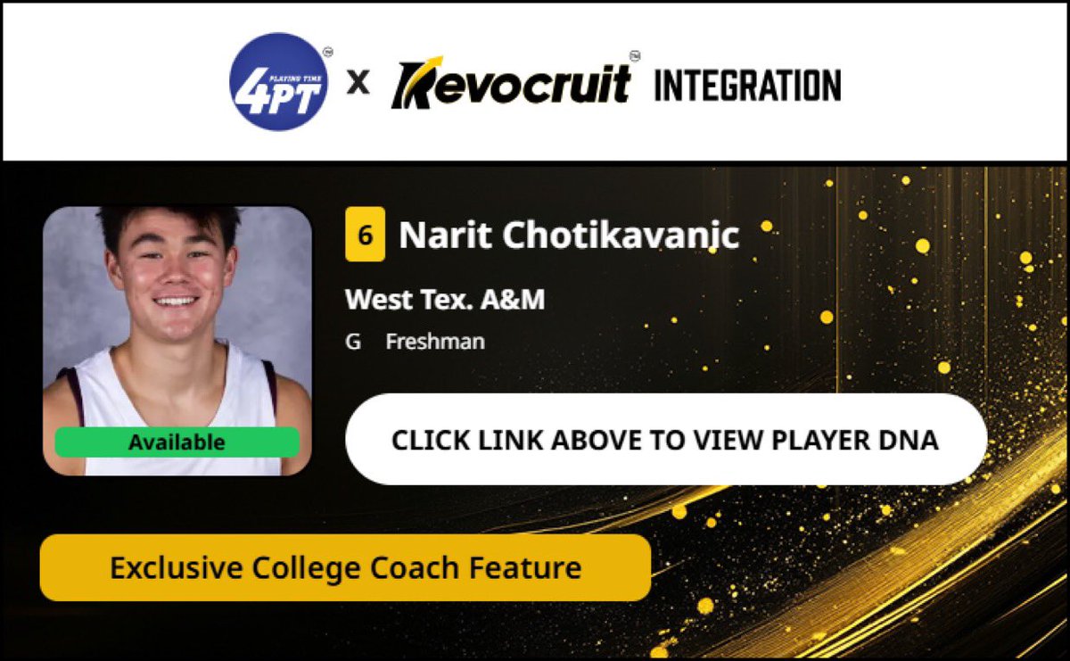 Transfer Portal for Playing Time (@tp4pt) on Twitter photo CBB Transfer Portal Spotlight
Narit Chotikavanic
6'2" 190
Guard
West Texas A&M 
2024-25 Stats (31 Games):
📊 11.4 PPG, 3.5 RPG, 1.5 APG, 41.0 FG%
Coach Exclusive Revocruit Player DNA:
🔗 applink.revocruitathlete.com/player/68244
#TP4PT #TransferPortal CBB Transfer Portal Spotlight
Narit Chotikavanic
6'2" 190
Guard
West Texas A&M 
2024-25 Stats (31 Games):
📊 11.4 PPG, 3.5 RPG, 1.5 APG, 41.0 FG%
Coach Exclusive Revocruit Player DNA:
🔗 applink.revocruitathlete.com/player/68244
#TP4PT #TransferPortal