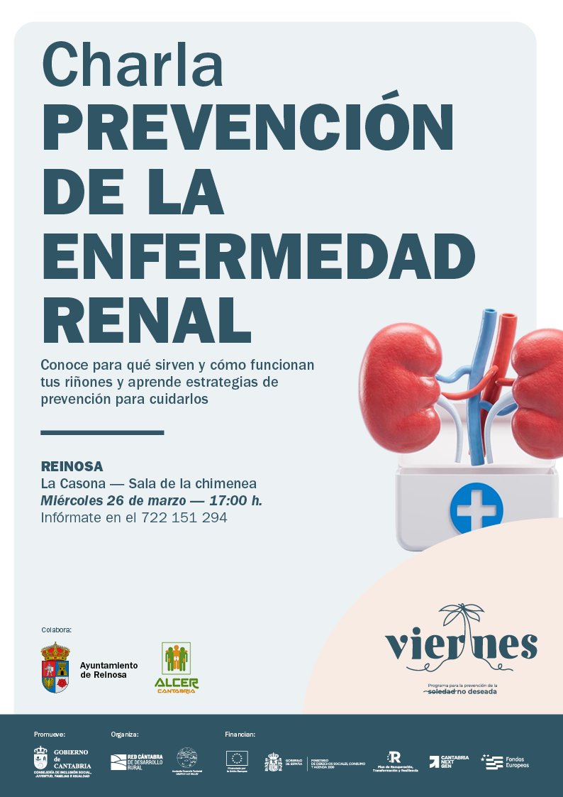 El próximo miércoles estaremos en Reinosa  impartiendo una charla de prevención de la enfermedad renal crónica. No te lo pierdas, será muy interesante. 

Con la colaboración del <a href="/AytoReinosa/">Ayuntamiento de Reinosa</a>  y  <a href="/ProgramaViernes/">Programa Viernes</a>.
#cuidatusriñones