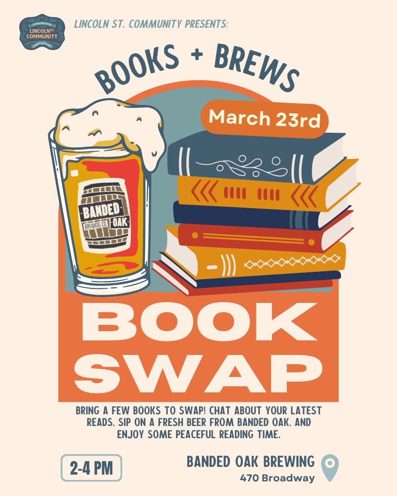 Tomorrow! Bring a a few books to swap, browse through what others have brought, and maybe even discover your next favorite author. Chat about your latest reads, sip on a cold one from Banded Oak, or just enjoy some peaceful reading time.
