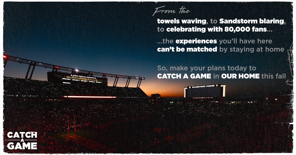 The experiences you'll have at Williams-Brice Stadium can't be matched by staying at home!

Make plans to join us this fall!

cloud.e.athletics.sc.edu/fb25sa