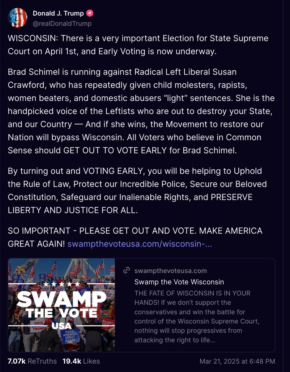 🚨🚨 URGENT!!! 🚨🚨

This race in Wisconsin is critical. A failure will mean Republicans losing the House making Hakeem Jeffries Speaker who has sworn he will 💯 impeach President Trump!

Share everywhere! 

From President Trump:

WISCONSIN: There is a very important Election for