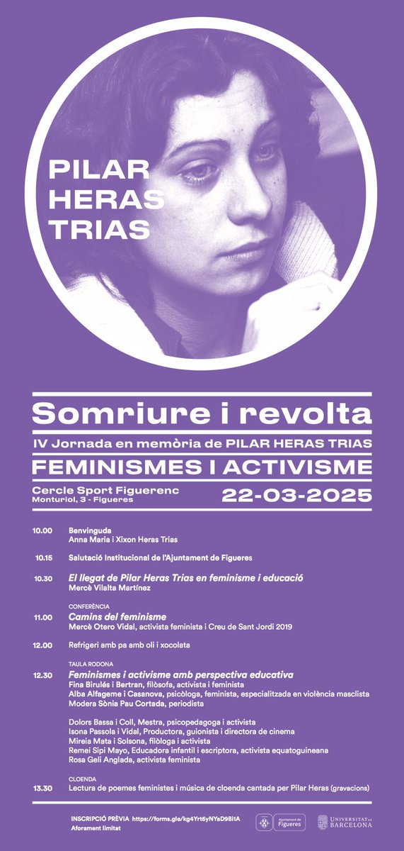 Avui Jornada en memòria de l’estimada Pilar Heras . Feminismes i activisme . Qualitat humana, generositat, sensibilitat social i radical compromís amb l’educació , el feminisme i els Drets Humans. Un potent llegat que sempre ens acompanyarà i ens inspirarà. 💜