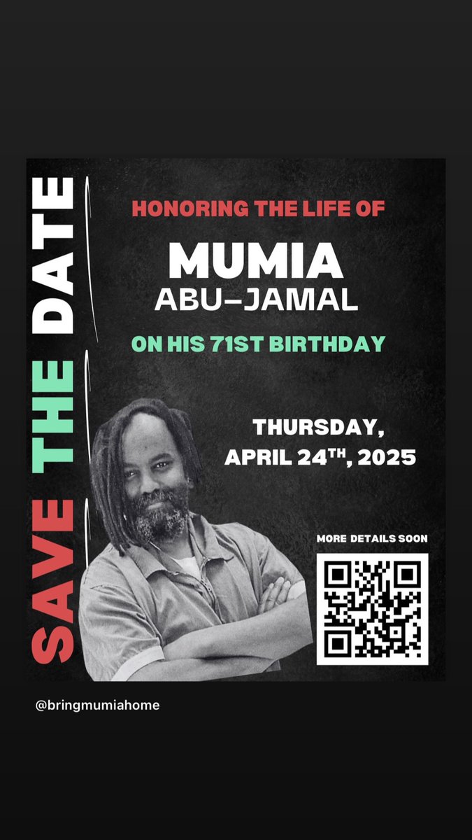 Spread the word for Mumia’s upcoming bday! Stay in touch here and IG @bringmumiahome  and linktr.ee/mumia for more info