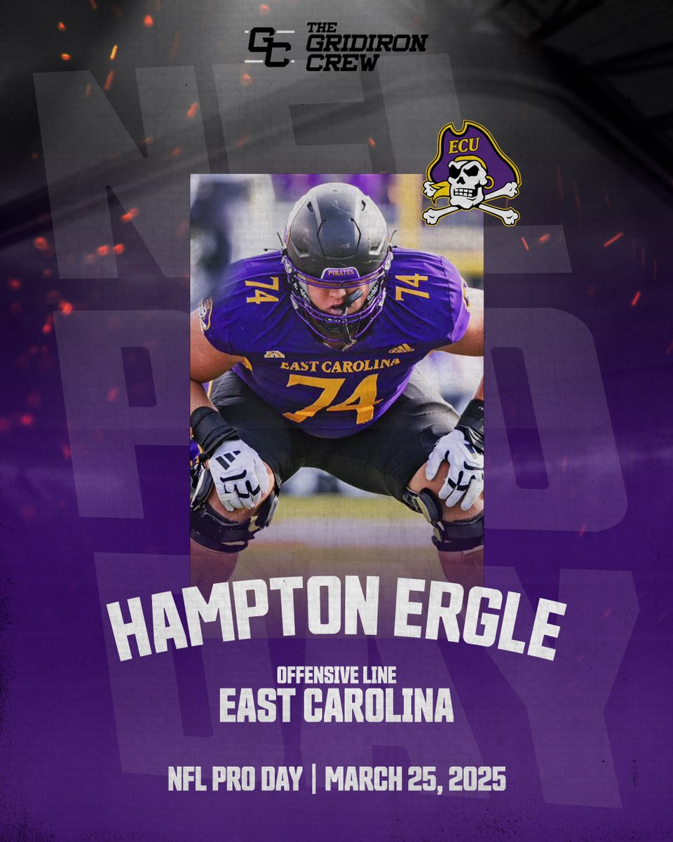 Mark your Calendar 🗓️ #TGCathlete <a href="/HamptonErgle74/">Hampton Ergle</a> will be showcasing his skills at East Carolina’s NFL Pro Day on March 25th. It’s his time to shine!
 
#TheGridironCrew #NFL #NFLDraft #ProDay