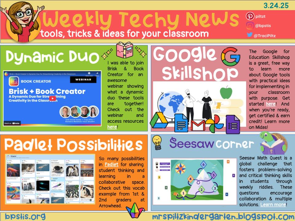 📰Weekly Tech-y News📰
📗<a href="/briskteaching/">Brisk Teaching</a>  + <a href="/BookCreatorApp/">Book Creator Team</a> - dynamic duo for creating &amp; feedback
💻Learn in the <a href="/GoogleForEdu/">Google for Education</a>  Skillshop
👀Check out the possibilities with <a href="/padlet/">Padlet</a> 
🌎Math Quest in <a href="/Seesaw/">Seesaw</a>  to engage students in a global challenge
➡️bit.ly/4bU5tC6⬅️