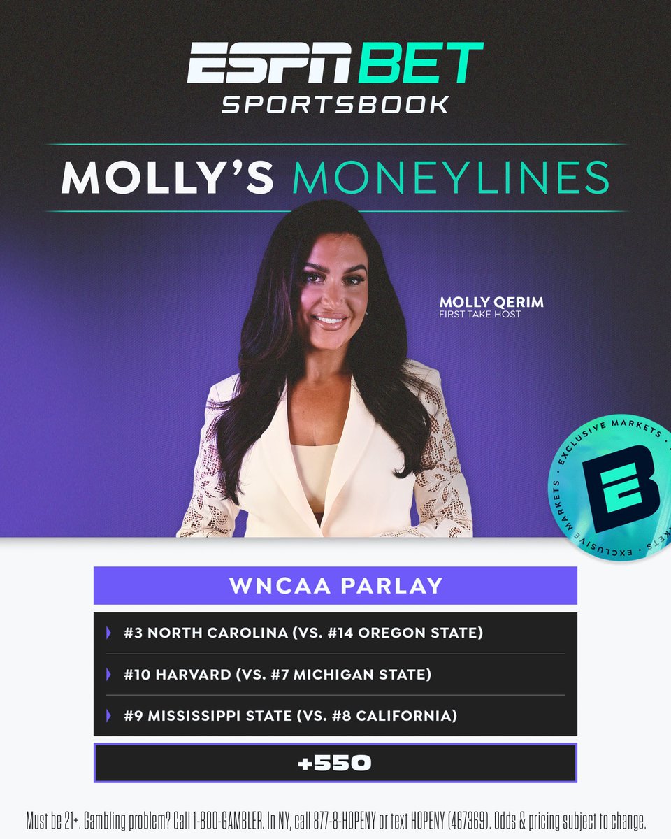 Molly’s Moneylines is back and better than ever for the tournament! I’ve got a Saturday afternoon parlay for you guys over on @ESPNBet

✅ North Carolina 
✅ Harvard 
✅ Mississippi State 

Hop on board with me
espnbet.app.link/zYx5lA31kIb?%2…
 #ad