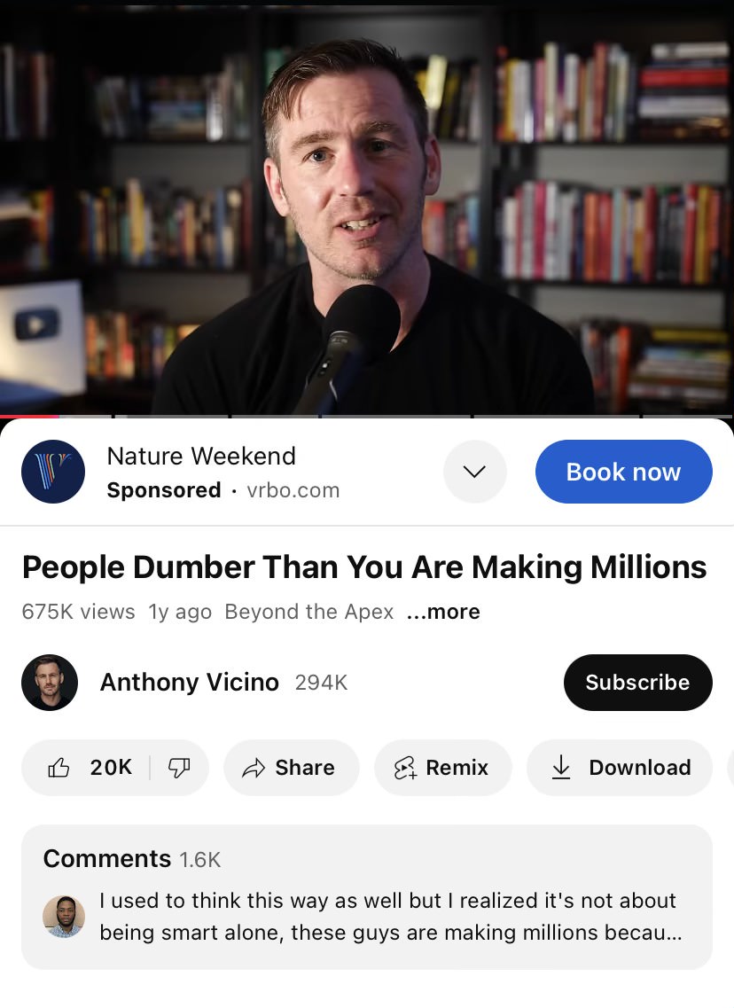 KodyNordquist's tweet image. “People dumber than you are making millions.”

Smart people don’t take action because they overthink. Stupid people take action because they can’t think.

Here’s every lesson from Anthony on how ANYONE can generate real wealth: