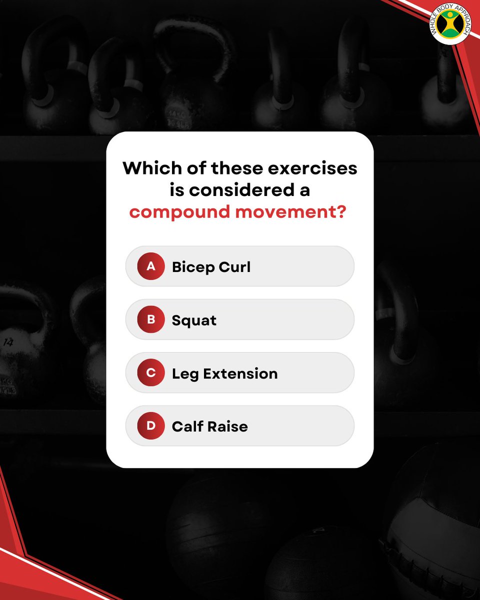 WBA2k10's tweet image. Which of these exercises is considered a compound movement? 🤔

A) Bicep Curl
B) Squat ✅
C) Leg Extension
D) Calf Raise

Answer: Squat! 🏋️‍♀️

#CompoundMovements #Squat #FitnessQuestions #StrengthTraining #FullBodyWorkout #BuildStrength #FitLife #ExerciseScience #StrengthGoals