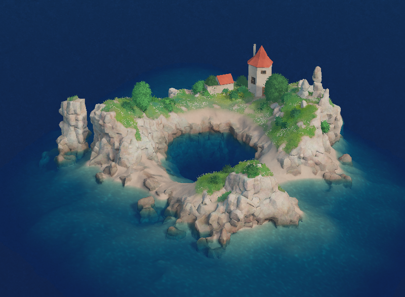 Quick attempt at recreating <a href="/Aurumek_/">𝐀𝐮𝐫𝐮𝐦𝐞𝐤 (𝐒𝐢𝐦𝐨𝐧 𝐇𝐢𝐧𝐭𝐞𝐫𝐦𝐚𝐧𝐧)</a>'s beautiful painting in the little cozy building game I am making.

I didn't quite nail the proportions of the island, and definitely work left to do to make it easier to build round towers like this in the game!

#screenshotsaturday