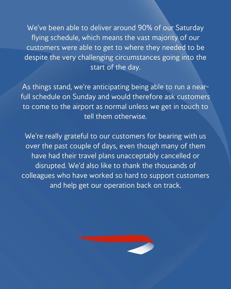 Updated statement from British Airways following the disruption at London Heathrow on 21 March