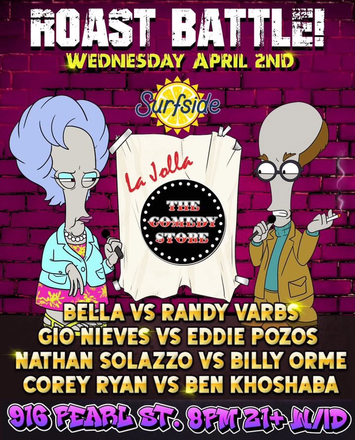It’s the Rites of Spring <a href="/ComedyStoreLJ/">ComedyStoreLJ</a> when <a href="/RoastBattle/">Roast Battle</a> returns to #SanDiego with four new battles, a Virgin sacrifice and guest judge <a href="/jnelsoncomedy/">Josh Nelson</a>! 4/2/25! Tickets &gt;&gt;&gt; showclix.com/event/roast-ba… #roastbattle #thecomedystore #lajolla #americandad