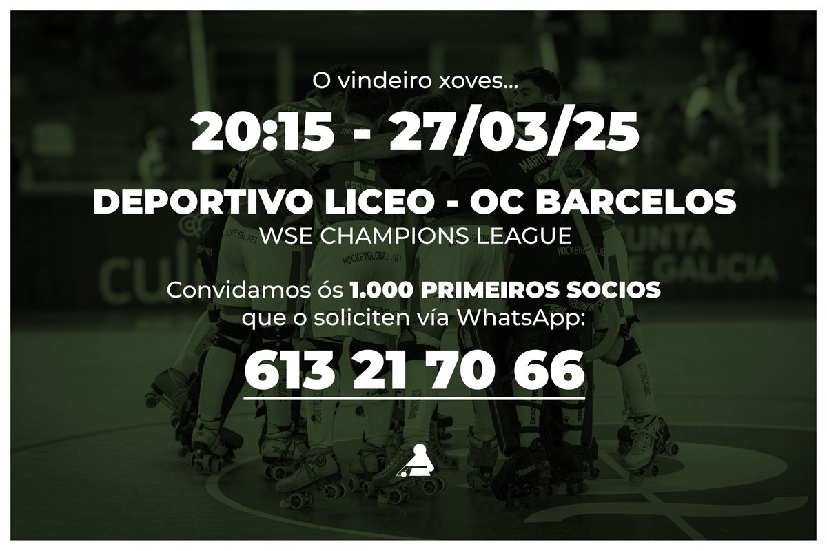 Es socio do <a href="/RCDeportivo/">RC Deportivo</a>? Pois podes vir ó #LiceoBarcelos do xoves totalmente de balde.

Os 1.000 primeiros que contacten coa nosa canle oficial de WhatsApp terán pases gratis para o gran partido de Champions!

Toda a información: hockeyclubliceo.com/liceobarcelos-…

🟢 #DeportivoLiceo ⚪️