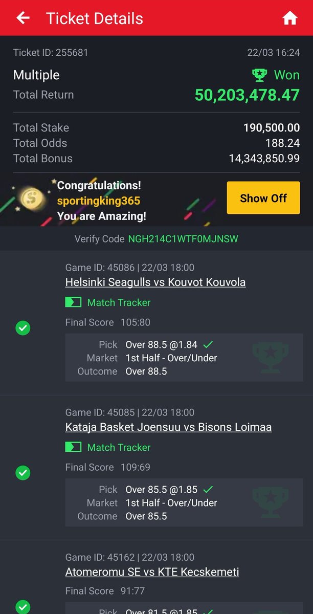 SETTLED! 188 &amp; 544 ODDS BOOM!
Flex bet won too rounding up win to over 60M tonight 🤑

Drop winning tickets!