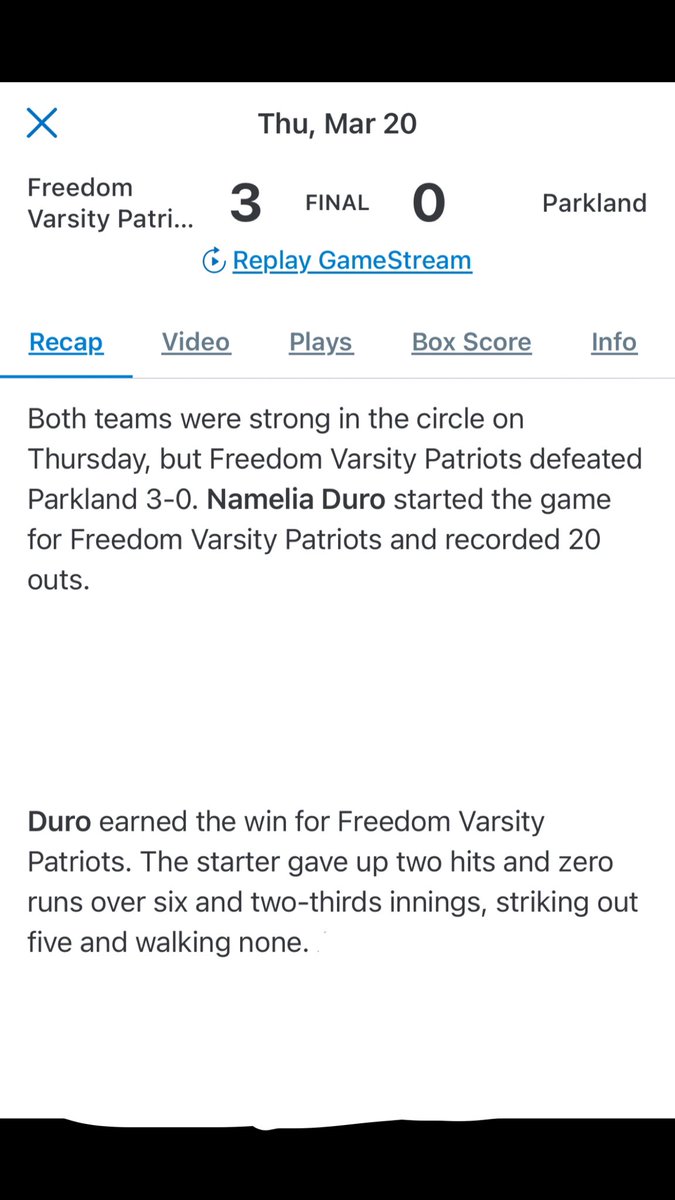 Namelia Duro (2026) (MIF/OF/RHP) (@duro_namelia7) on Twitter photo We had a great win against Parkland on Thursday after a tough loss on Wednesday. I helped the team by pitching an entire game shutout.
<a href="/Delaware_SB/">Delaware Softball</a> <a href="/DelValSB/">DelVal Softball</a> <a href="/mulesoftball/">Muhlenberg Softball</a> <a href="/MasonSoftball/">George Mason Softball</a> <a href="/JMUSoftball/">JMU Softball</a> <a href="/DirectRecruits/">Direct Recruits</a> <a href="/TopPreps/">College Coach / College Scout / College Recruiter</a> <a href="/FastpitchAthRec/">Fastpitch Athlete Recruits</a> <a href="/NwDuro/">NW Explosion 18u Elite</a> <a href="/FH_softball/">Freedom Softball</a> We had a great win against Parkland on Thursday after a tough loss on Wednesday. I helped the team by pitching an entire game shutout.
<a href="/Delaware_SB/">Delaware Softball</a> <a href="/DelValSB/">DelVal Softball</a> <a href="/mulesoftball/">Muhlenberg Softball</a> <a href="/MasonSoftball/">George Mason Softball</a> <a href="/JMUSoftball/">JMU Softball</a> <a href="/DirectRecruits/">Direct Recruits</a> <a href="/TopPreps/">College Coach / College Scout / College Recruiter</a> <a href="/FastpitchAthRec/">Fastpitch Athlete Recruits</a> <a href="/NwDuro/">NW Explosion 18u Elite</a> <a href="/FH_softball/">Freedom Softball</a>