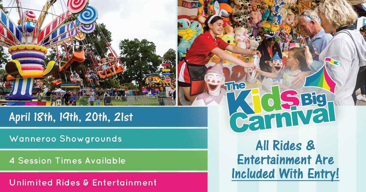 🎡Unlimited rides, incredible creatures, roving entertainers, and endless fun at Kids Big Carnival Perth!🎠 

Perfect for kids aged 2-12, this is the school holiday event packed with excitement, laughter, and magical moments.🎈

Very few tickets remain! 🎟️ tblink.to/KidsBigCarniva…