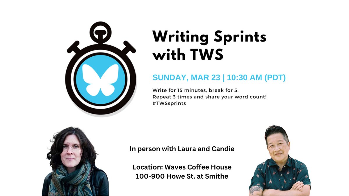 We'll be at Waves Coffee at 900 Howe St this Sunday, March 23 at 10:30am sprinting our little hearts out. If you're in Vancouver, come down and join us. There's nothing like the virtuous feeling of having written a bunch of words before noon on a Sunday. #TWSsprints