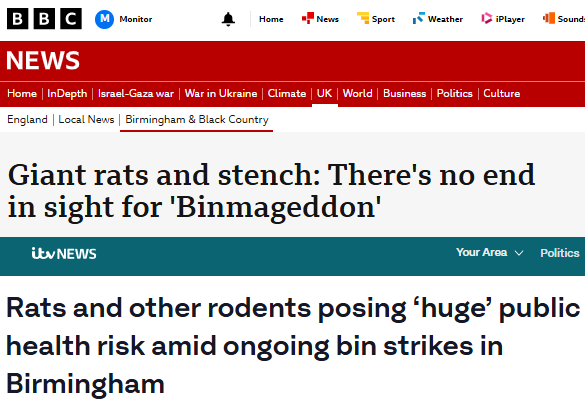 msm_monitor's tweet image. The Birmingham bin workers strike is the worst sanitation and health story in the UK for years. It&apos;s the UK&apos;s 2nd biggest city. We are in the 3rd month of industrial action. Labour run the city. Yet there are no calls for the UK Labour Govt to intervene.

If this was Glasgow the…