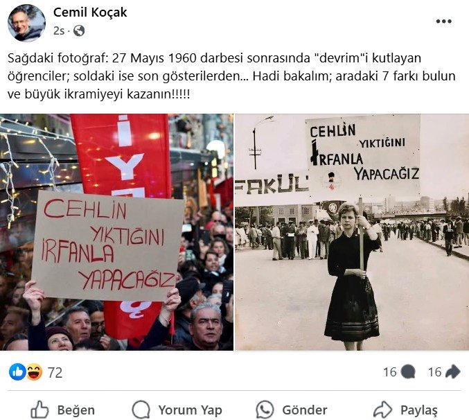 Cemil Koçak hoca 27 Mayıs darbesi sonrasındaki döviz ile dünkü gösterilerde açılan pankart arasında çok enteresan bir benzerlik yakalamış!

Aradaki - veya arkadaki- farkı yakalayın bakalım.