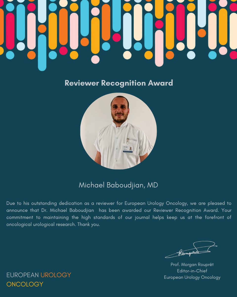 Congratulations to Dr. Michael Baboudjian, the recipient of Reviewer Recognition Award!
Your commitment to maintaining the high standards of our journal helps keep us at the forefront of oncological urological research. Thank you!
#UroSoMe #Urology #ReviewerRecognitionAward