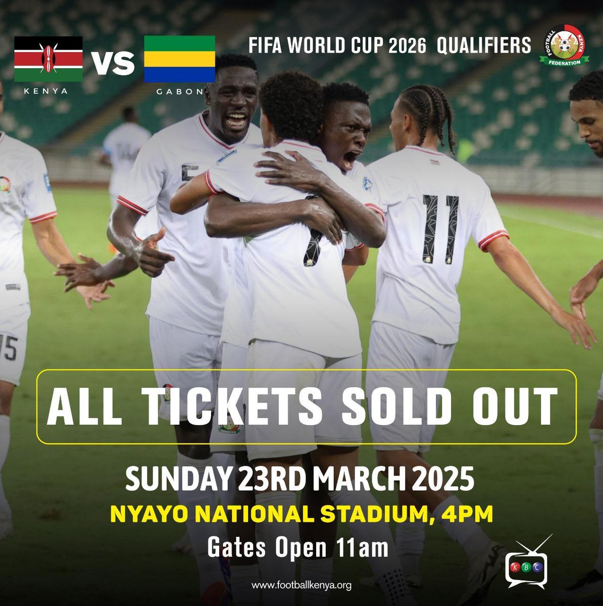 ALL TICKETS ARE SOLD OUT!
Thank you, fellow patriots, for this amazing achievement. For those unable to get tickets this time around, please catch the game Live on KBC as we all cheer our National team, The Harambee Stars.

Gates open at 11.00 a.m. Mapema ndio best.
