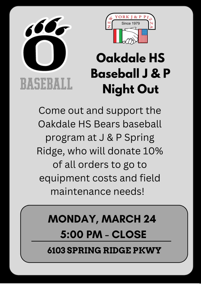 Come out and support the baseball program at Spring Ridge J &amp; P on Monday night after our game! Dine in or carry out…see you then!! <a href="/OHSAthBoosters/">OHS Athletic Booster</a> <a href="/Oakdale_Bears/">Oakdale HS Athletics</a>