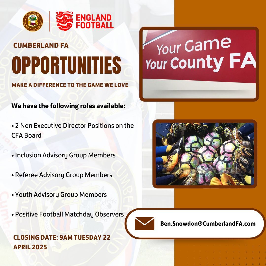 Cumberland FA  โฝ๏ธ (@cumberlandfa) on Twitter photo Love football? Want to have your say and make a difference to the game you love?  
The CFA is looking for 2๏ธโฃ people to join the Board of Directors and help set the standards and values applied throughout football in #Cumberland. 
Find out more here โฌ๏ธ 
bit.ly/3FDGfvK Love football? Want to have your say and make a difference to the game you love?  
The CFA is looking for 2๏ธโฃ people to join the Board of Directors and help set the standards and values applied throughout football in #Cumberland. 
Find out more here โฌ๏ธ 
bit.ly/3FDGfvK