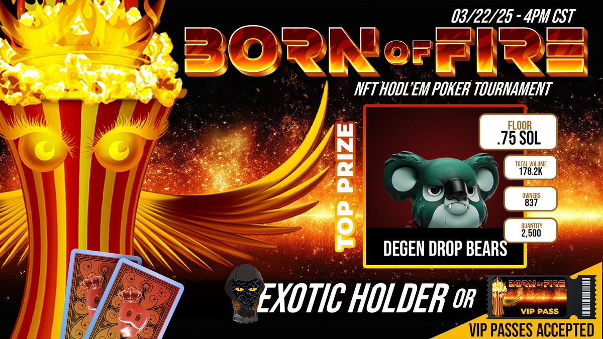 CryptoCorn (@cryptocorn_io) on Twitter photo π₯ BORN OF FIRE π₯
Poker Tournament Today at 4pm CST β°
π Win this awesome <a href="/NickyScanz/">NickyScanz</a> NFT
β οΈ Exotic Holder's ONLY or VIP Pass from Elons Emporium π«
Check out our website, your central hub for navigating the CryptoCorn ecosystem π
cryptocorn.io π₯ BORN OF FIRE π₯
Poker Tournament Today at 4pm CST β°
π Win this awesome <a href="/NickyScanz/">NickyScanz</a> NFT
β οΈ Exotic Holder's ONLY or VIP Pass from Elons Emporium π«
Check out our website, your central hub for navigating the CryptoCorn ecosystem π
cryptocorn.io