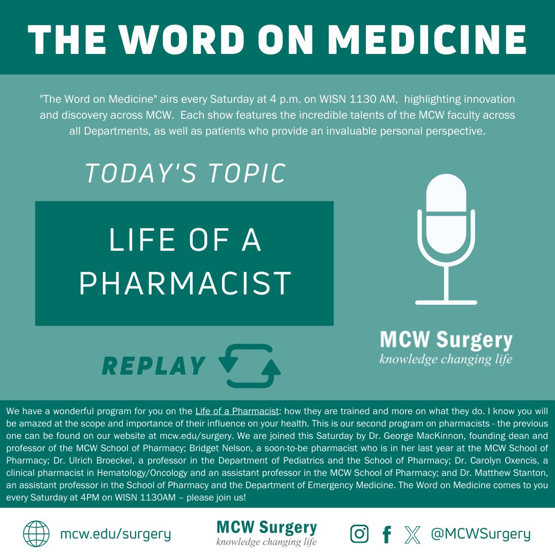 MCW Surgery (@mcwsurgery) on Twitter photo The #WordOnMedicine airs today at 4PM on <a href="/newstalk1130/">News/Talk 1130 WISN</a> & replays our program on the Life of a Pharmacist!
Listen live here: t.ly/UPWW
All #WOM Episodes: t.ly/bsKQ
<a href="/MedicalCollege/">Medical College of Wisconsin</a> #LeadingTheWay The #WordOnMedicine airs today at 4PM on <a href="/newstalk1130/">News/Talk 1130 WISN</a> & replays our program on the Life of a Pharmacist!
Listen live here: t.ly/UPWW
All #WOM Episodes: t.ly/bsKQ
<a href="/MedicalCollege/">Medical College of Wisconsin</a> #LeadingTheWay